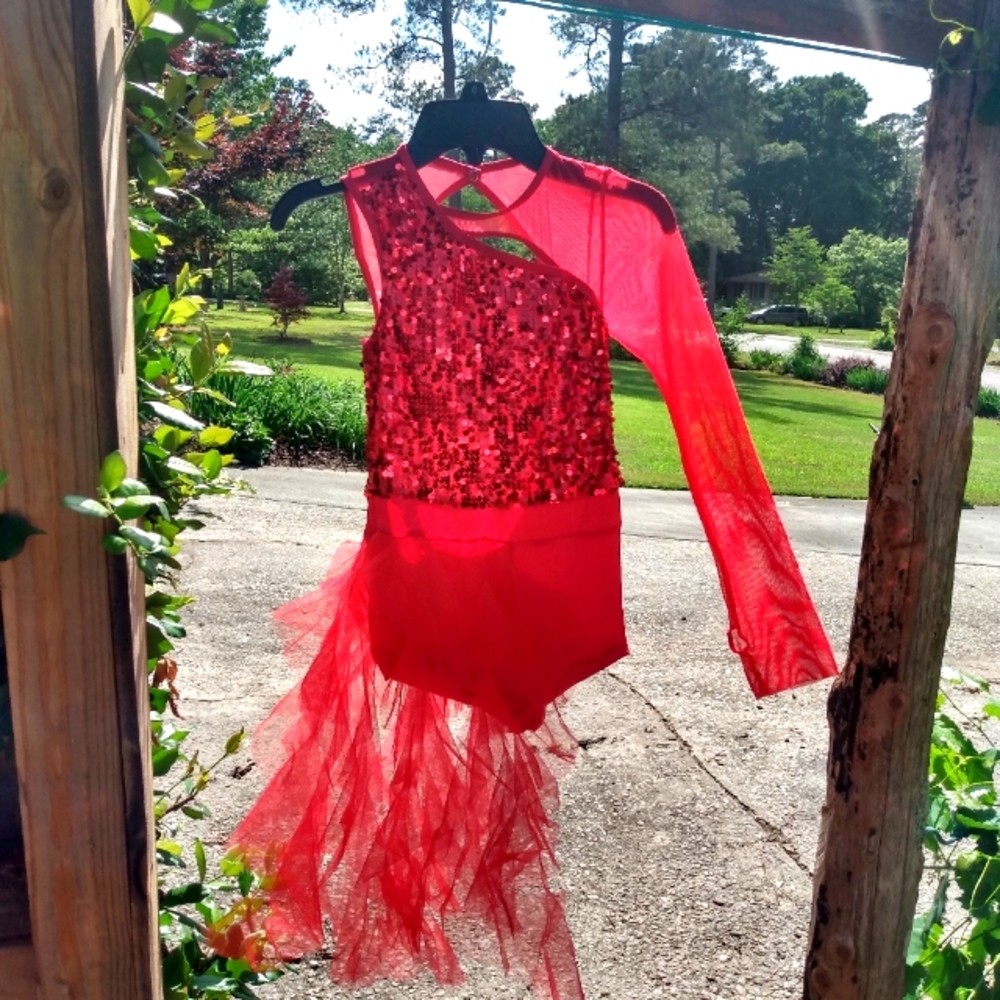 Weissman dance costume, Red, Medium Child (MC), biketard style